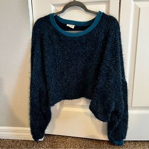 Peach Love California - Women’s Cropped Teal Shag Sweater - Size Medium